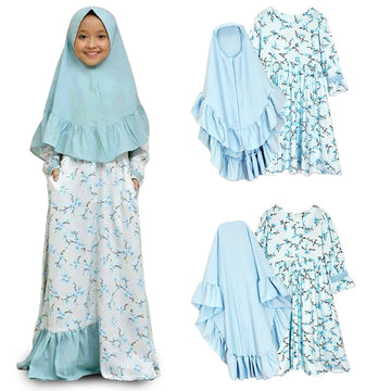 2 Piece New Abaya And Hijab For Kids Girls Muslim Floral Prayer Dress Headscarf Islamic Children Eid Party Robe Dubai Khimar Set