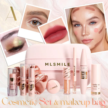 Makeup Kit With Organize Case Lipstick Contour Highlight Liquid Eyeshadow Lip Mud Eyebrow Pencil Mascara Women Cosmetics Set