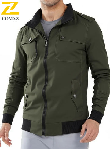 Mens Solid Color Full Zip Cotton Jacket Big Size Lightweight Fall Coat Stand Collar Multiple Pockets Casual Outerwear
