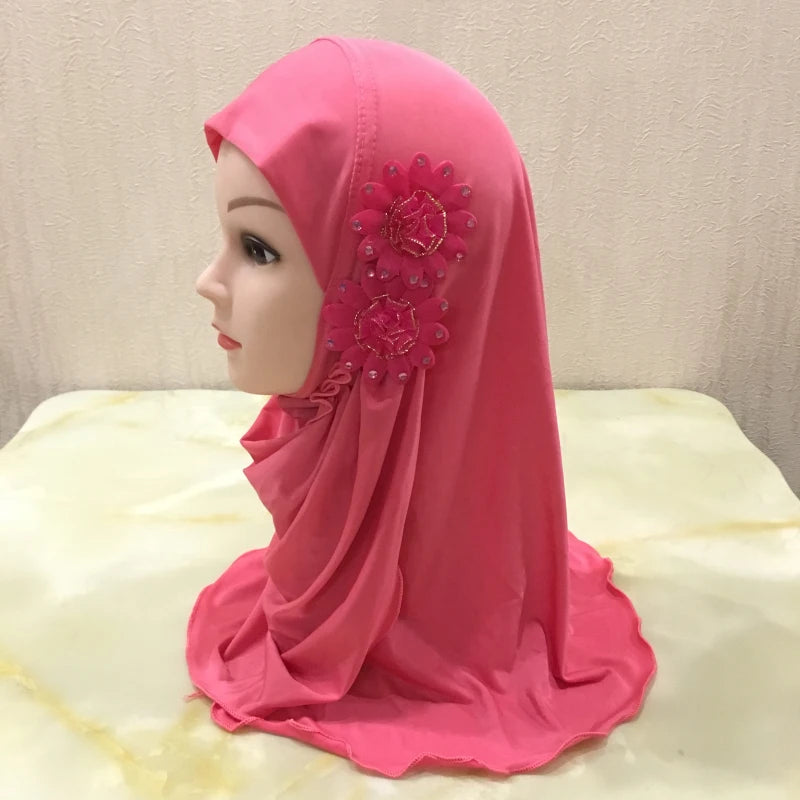 H081 beautiful small girl hijab with flowers cute hijab hats women's caps can fit 2-6 years old girls