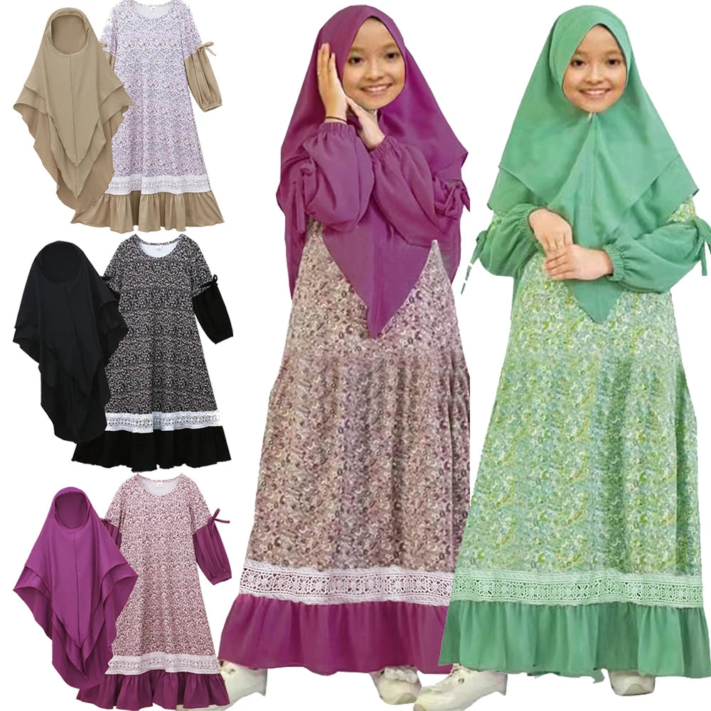 2PCS Eid Djellaba Hooded Abaya Hijab Khimar Jalabiya Muslim Kid Girl Ramadan Overhead Kaftan Islam Clothing Child Prayer Garment