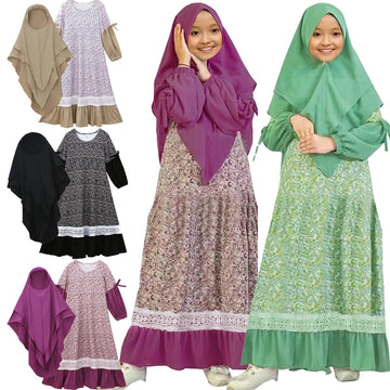 2PCS Eid Djellaba Hooded Abaya Hijab Khimar Jalabiya Muslim Kid Girl Ramadan Overhead Kaftan Islam Clothing Child Prayer Garment