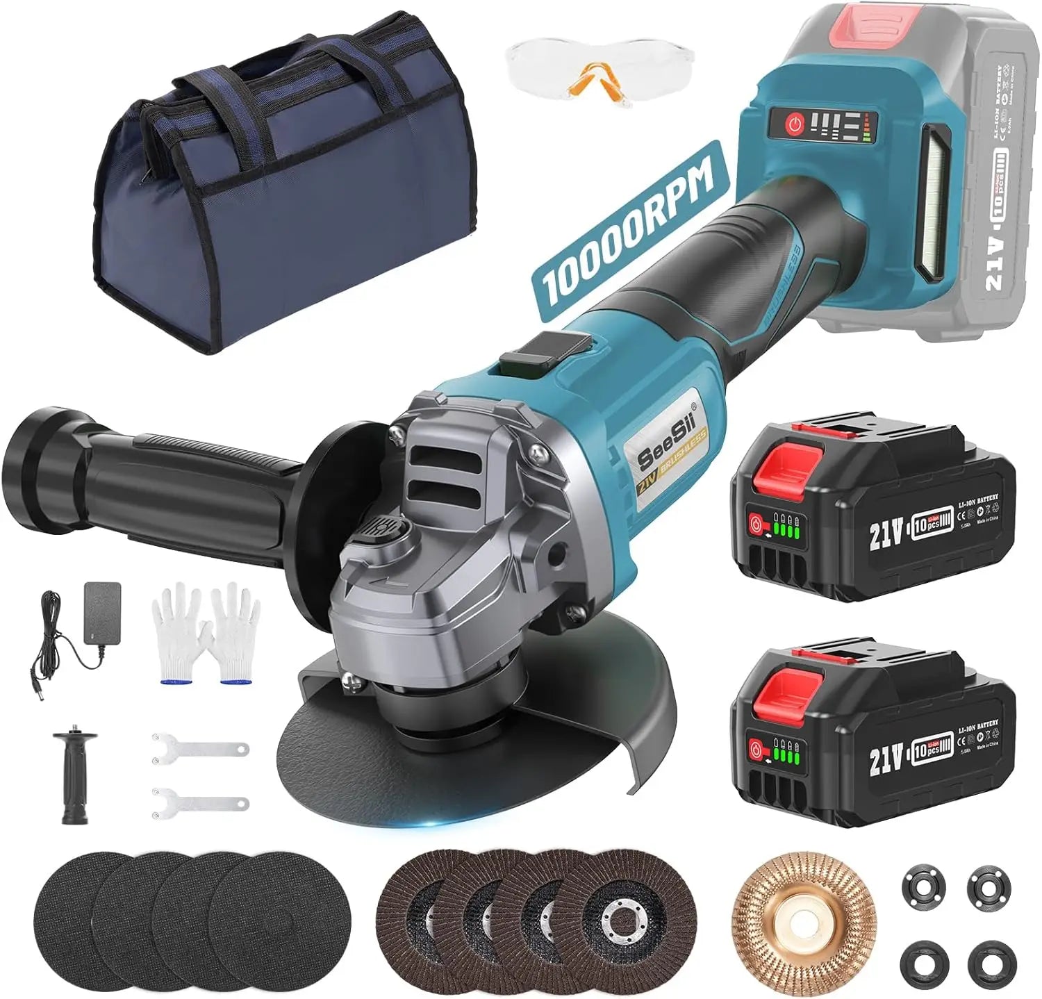 SEESII Cordless Angle Grinder AG0200S 10000RPM Brushless Electric Metal Grinder Tool for Precision Cutting & Grinding 2x4.0Ah