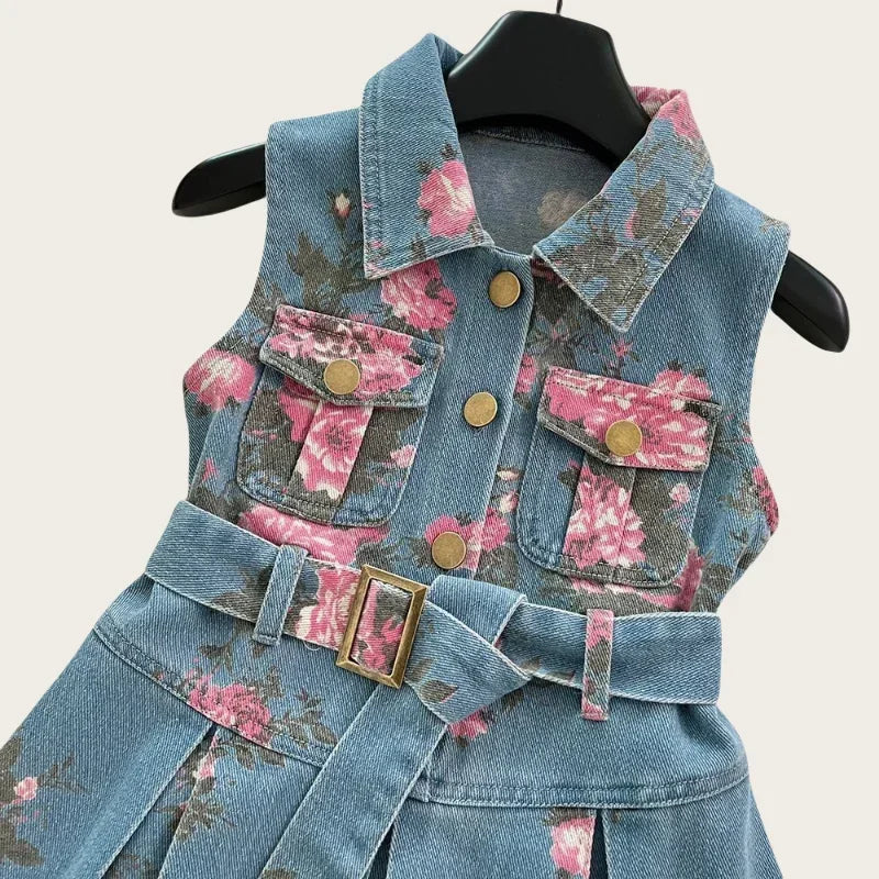 Kids Children 2 - 8 Y Baby Girls Sleeveless Floral Printed Denim Dress with Stylish Belted Design Fashion Summer Outfit