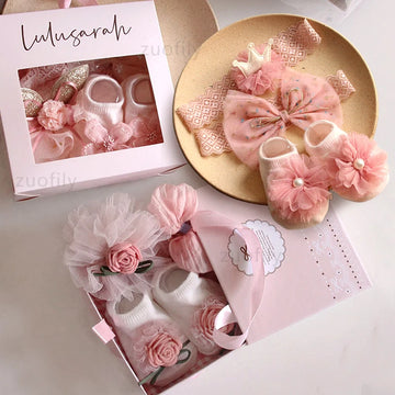 3Pcs/Set Lace Flower Baby Girl Headband Socks Set Crown Bows Newborn Hair Band Floor Socks Photo Props for Baby Hair Accessories