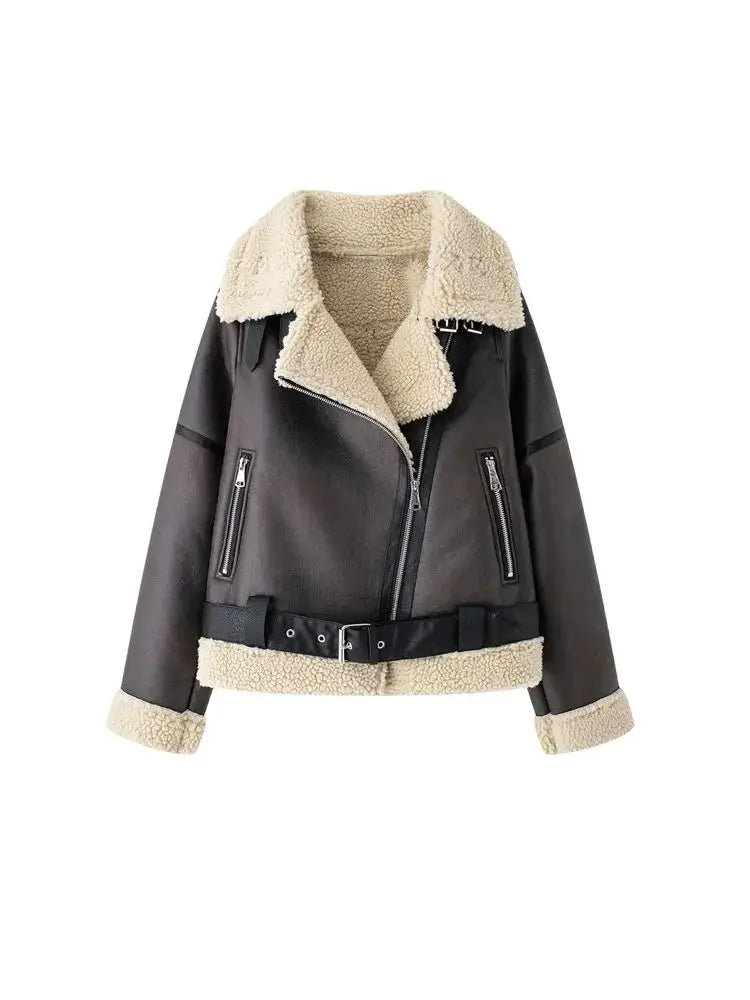 TRZA-Women's Thick Warm Suede Jacket with Belt, Long Sleeve Coats, Faux Shearing, Female Outerwear, Chic Tops, Winter Fashion
