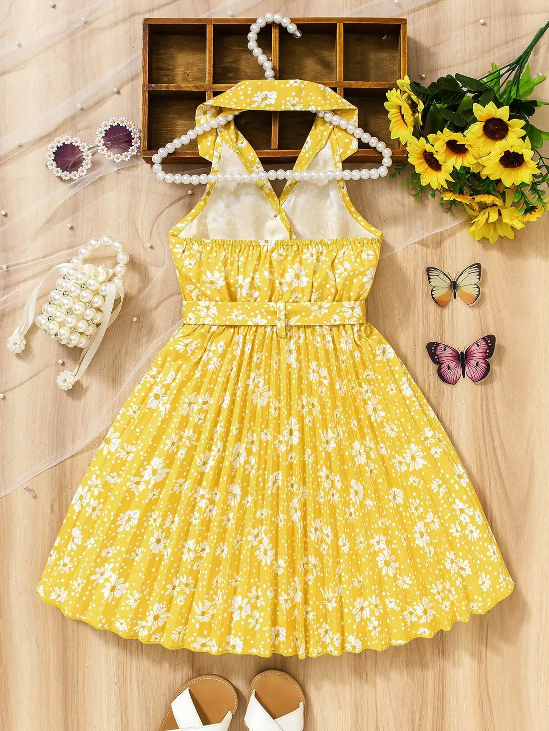 Girl's Yellow Floral Sundress: Bohemian Spaghetti Strap Dress for Vacation/Party, Ages 4-7, Spring-Summer"