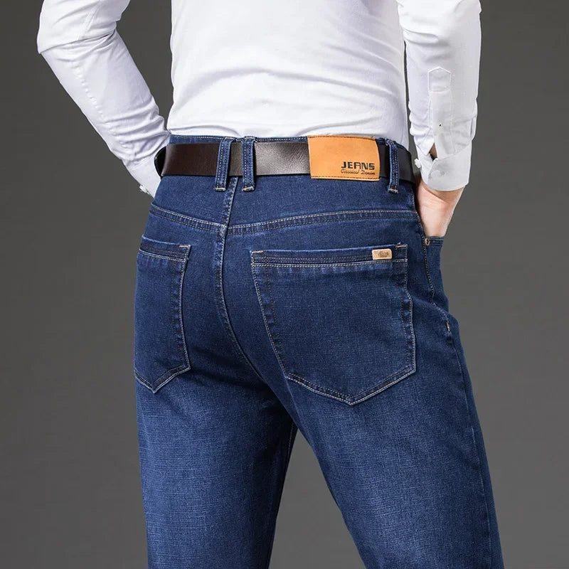 Large Size 40 42 44 46 2025 New Business Casual Stretch Trousers Classic Blue Denim Pants Male Men's Loose Straight Jeans