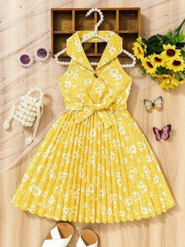 Girl's Yellow Floral Sundress: Bohemian Spaghetti Strap Dress for Vacation/Party, Ages 4-7, Spring-Summer"
