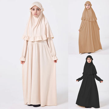 Children Muslim Kids Girls Prayer Dress 2Pcs Set Dubai Turkey Hijab Abaya Eid Ramadan Islamic Clothing Khimar Kaftan Niqab Burqa
