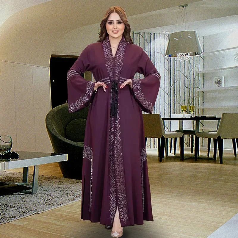 Plus-size Women's Dress Women Muslim Abayas Flared Long Sleeve  Loose Maxi Dress Female Casual Solid Abaya Vestidos Lace-up Robe