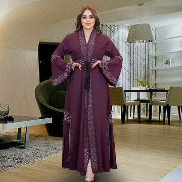 Plus-size Women's Dress Women Muslim Abayas Flared Long Sleeve  Loose Maxi Dress Female Casual Solid Abaya Vestidos Lace-up Robe