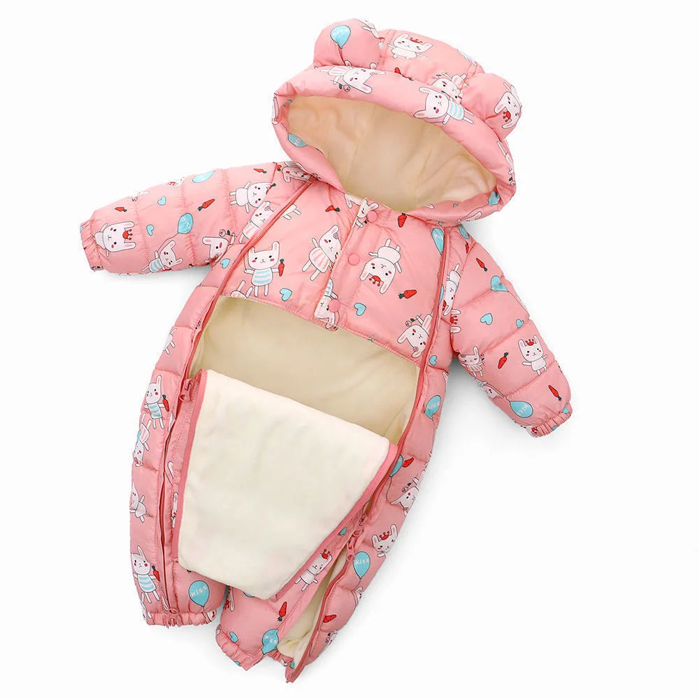 2025 Autumn Winter Baby Snowsuit Hooded Plus Velvet Warm Baby Girl Rompers Toddler Baby Boy Jumpsuit Infant Winter Overalls Coat
