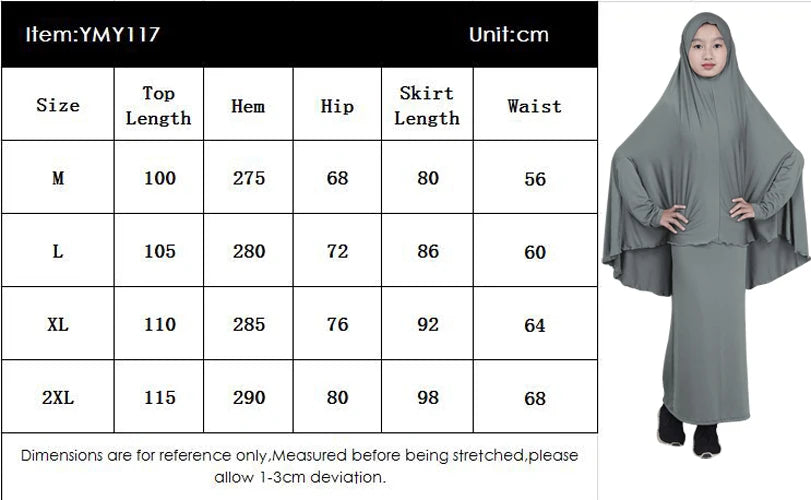 Muslim Prayer Garment for Kids, Child Dress, Overhead Caftan, Khimar Skirts, Islamic Full Cover Hijab, Abaya Arab Robe, 2 Piece