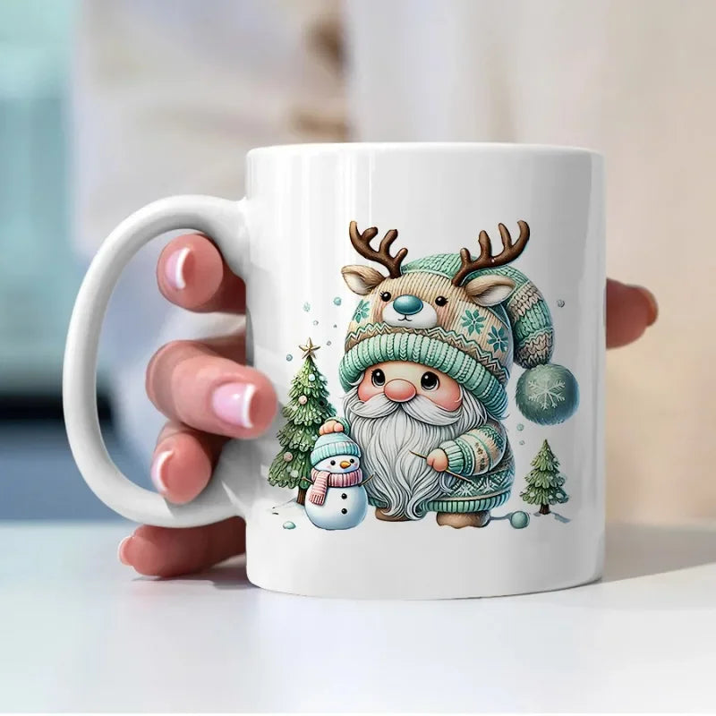 Cute Christmas Gnome Ceramic Mug - Festive Holiday Design with Snowman and Trees, Perfect for Winter and Unique Gift Idea
