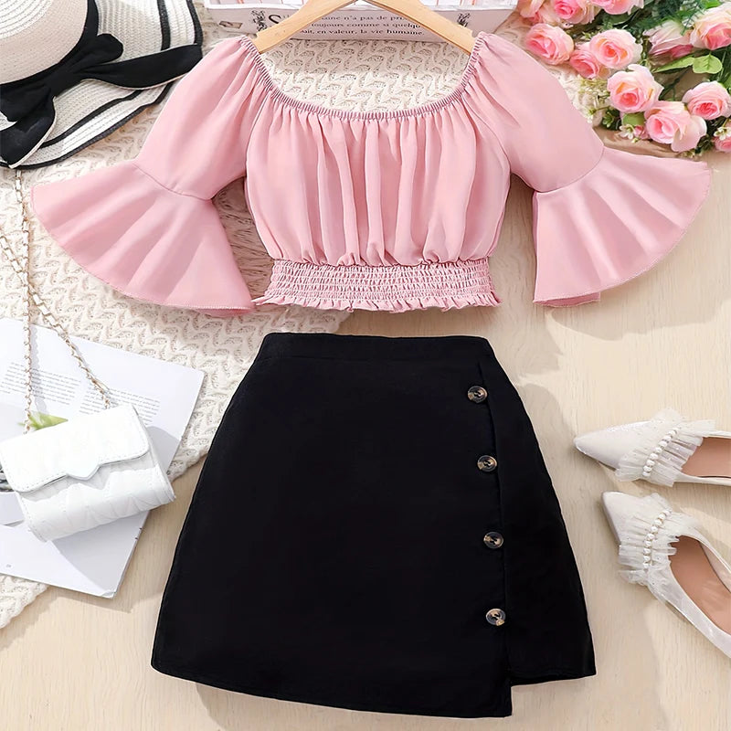 Two Piece Summer Girl Cute Waist Tied Petal Sleeve Short Sleeved Button Decoration Skirt Princess Casual Party Clothing Set