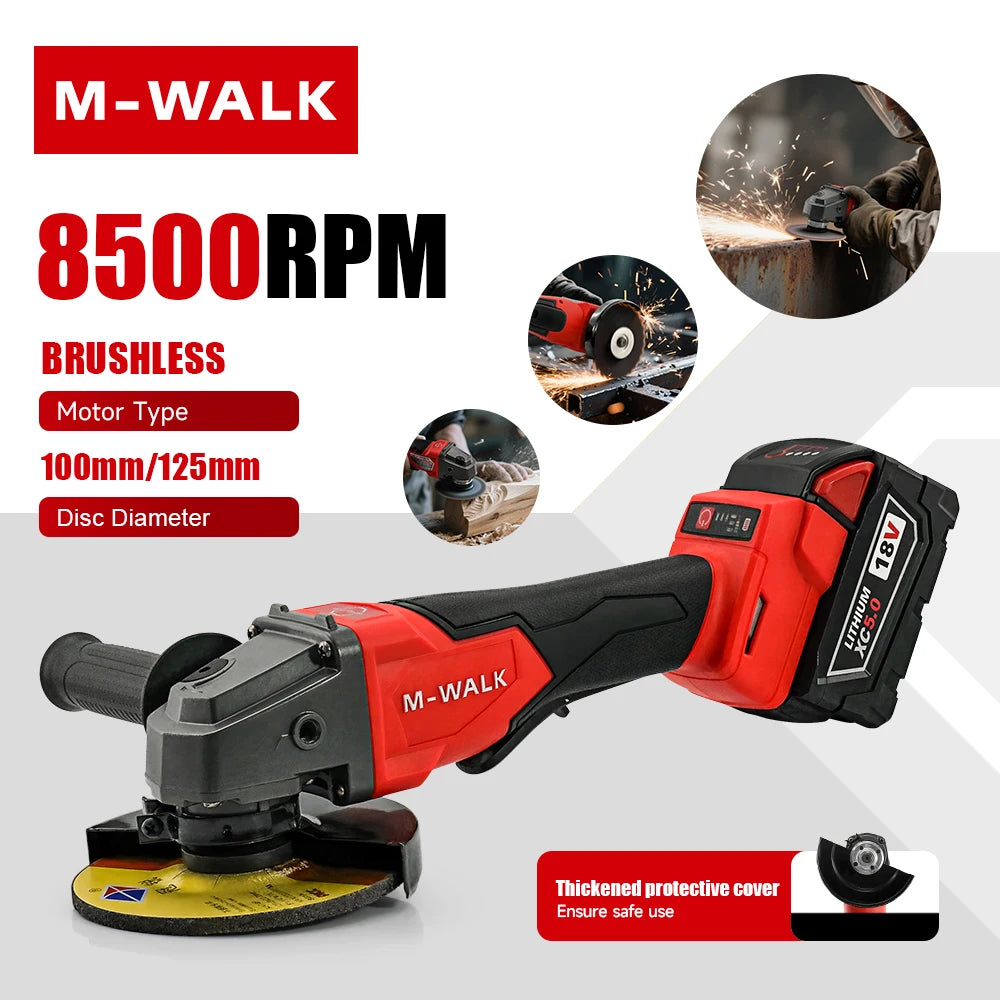 M-WALK 8500RPM High Speed Brushless Angle Grinder 100/125mm With Safety Guard Electric Power Tools For Milwaukee 18V Battery Pin