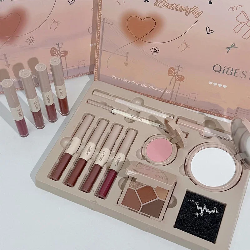 Makeup Gift Box Butterfly Bow Heart Limited Lipstick Powder Blush Eyeshadow Makeup Gift Box Set and Necklace Gifts for Women