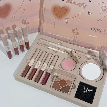 Makeup Gift Box Butterfly Bow Heart Limited Lipstick Powder Blush Eyeshadow Makeup Gift Box Set and Necklace Gifts for Women
