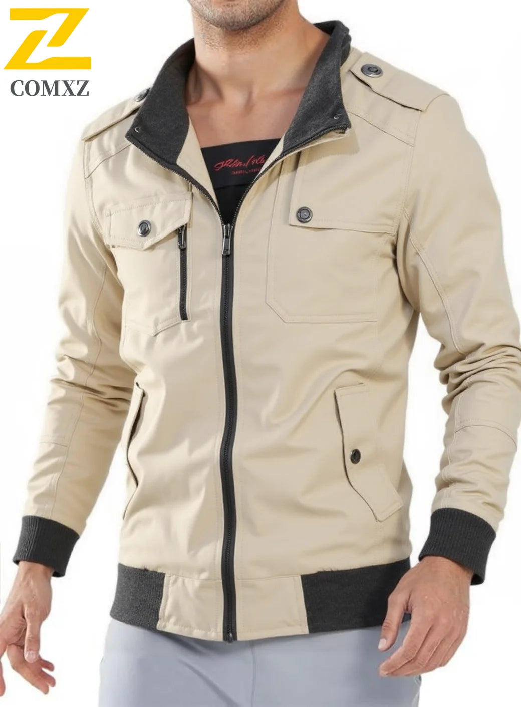 Mens Solid Color Full Zip Cotton Jacket Big Size Lightweight Fall Coat Stand Collar Multiple Pockets Casual Outerwear