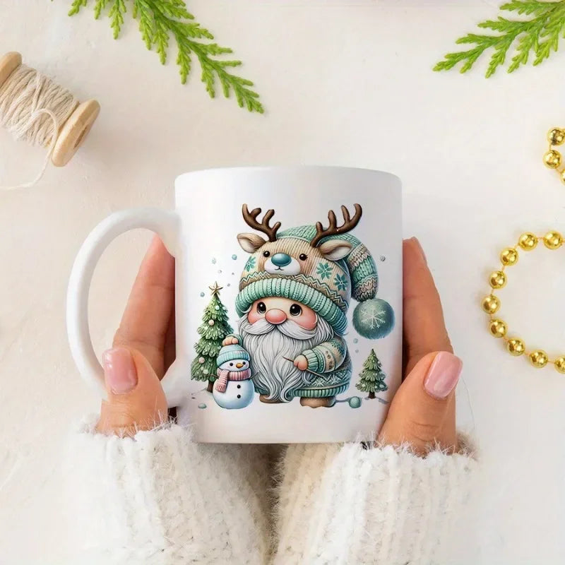 Cute Christmas Gnome Ceramic Mug - Festive Holiday Design with Snowman and Trees, Perfect for Winter and Unique Gift Idea