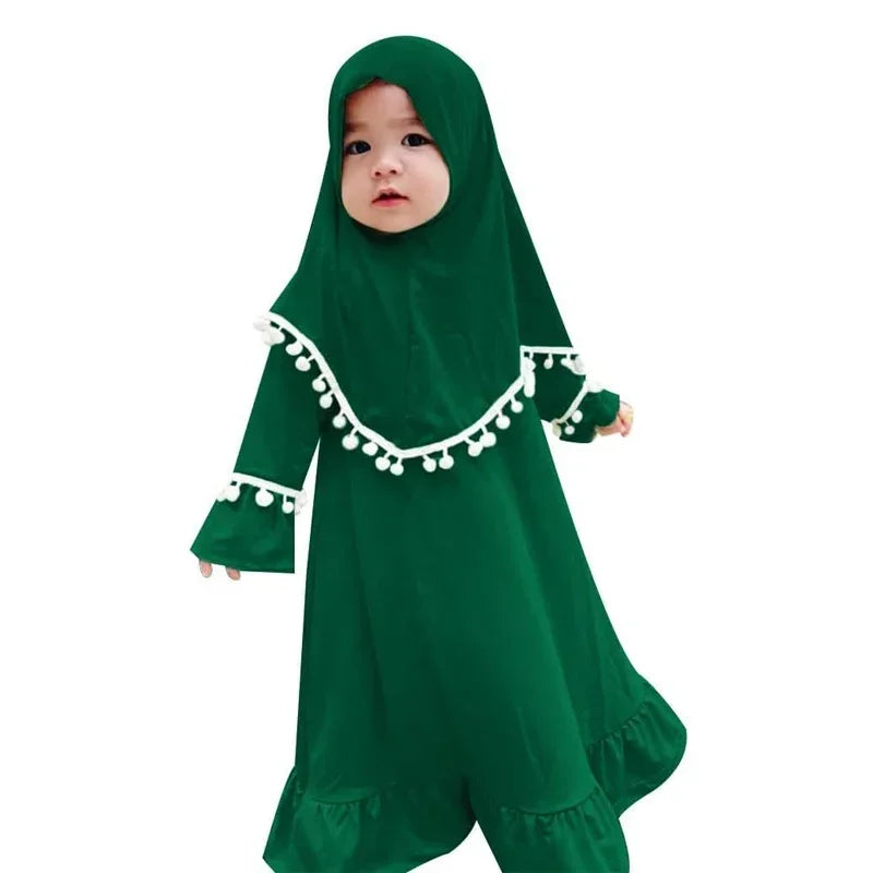 2 Piece Hijab Dress for Kids Girls Muslim Outfits Flower Khimar Abayas Islamic Clothing Child Niqab Abaya Eid Ramadan Prayer Set