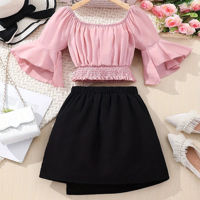 Two Piece Summer Girl Cute Waist Tied Petal Sleeve Short Sleeved Button Decoration Skirt Princess Casual Party Clothing Set