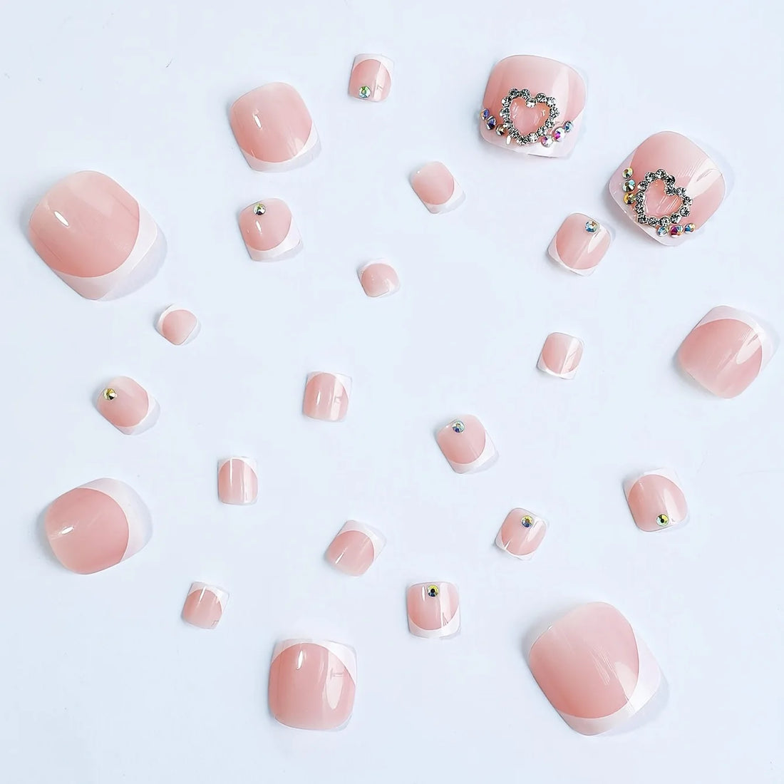 New French False Toe Nails with Heart Rhinestone Design White Edge Summer Press on Toenails Fashion Manicure Fake Toenail Patch