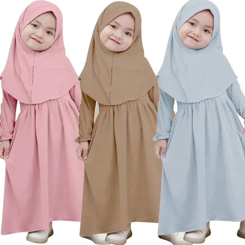 2PCS Kids Girls Muslim Dress Set Ramadan Prayer Garment Abaya Children Eid Khimar Hijab Arab Robe Headscarf Clothes Kaftan Gown