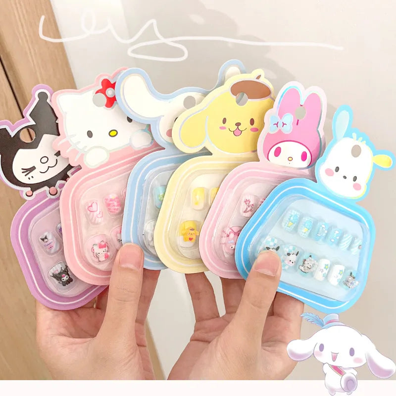 1Pack Cartoon Sanrio Kids Nail Sticker Cute Hello Kitty Cinnamoroll Kuromi Children Press on Nail Patch Accessorie Girl Toy Gift