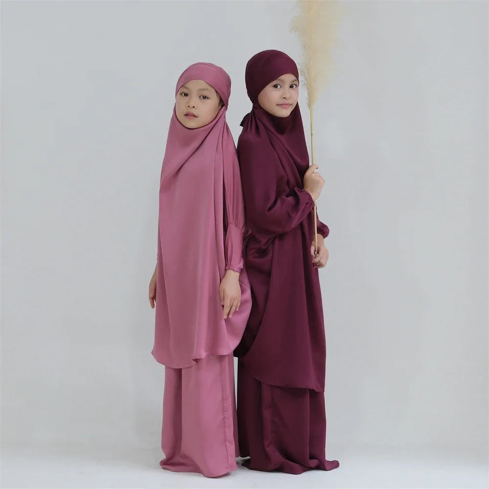 Gowns for Kids Girls Islamic Clothing 2 Piece Sets Dubai Muslim Outfits Overhead Hijabs Abaya Khimar Skirt Ramadan Eid Dresses