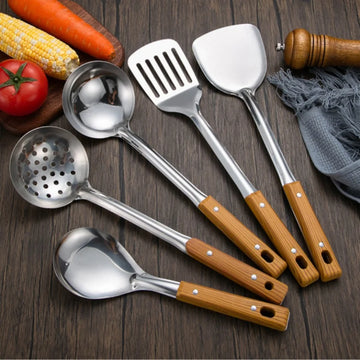 Stainless Steel Scalding Handle Spatula Spoon Colander Imitation Wood Grain Kitchenware Set Kitchen Cooking Spatula Thickened