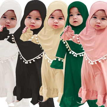 2 Piece Hijab Dress for Kids Girls Muslim Outfits Flower Khimar Abayas Islamic Clothing Child Niqab Abaya Eid Ramadan Prayer Set