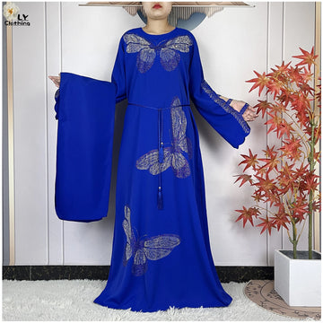 2025New Dubai Muslim Women Elegant Dress African Abaya Loose Butterfly Pattern Diamond Islamic Long Sleeve Turkey Femme Clothing