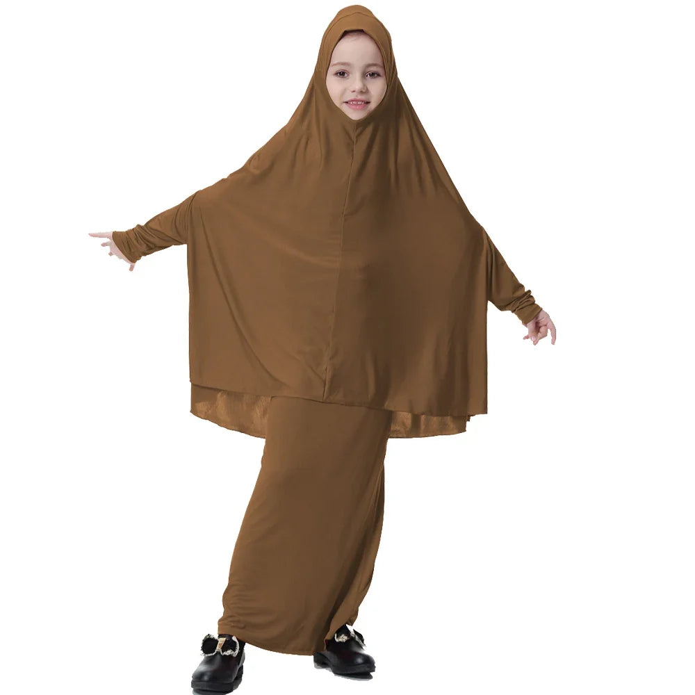 2PCS Kids Girls Overhead Khimar Tube Skirt Muslim Children Clothing Islamic Prayer Garment Hijab Dress Eid Ramadan Burqa Abaya