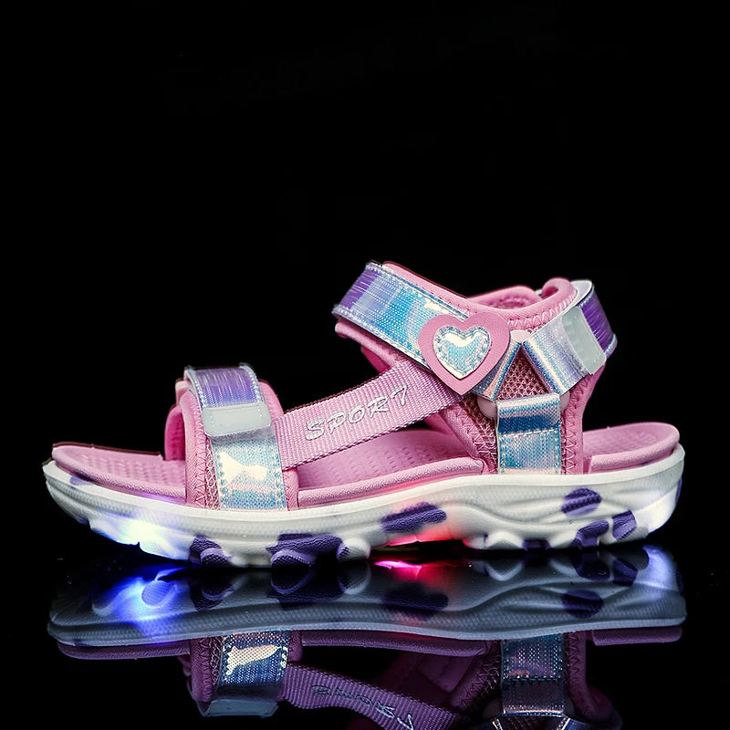 Girls' LED Sandals Children's Toddler Sports Beach Blue Pink Girls' Soft Shining Shoes Outdoor Soft Anti-Slip Princess LED Shoe