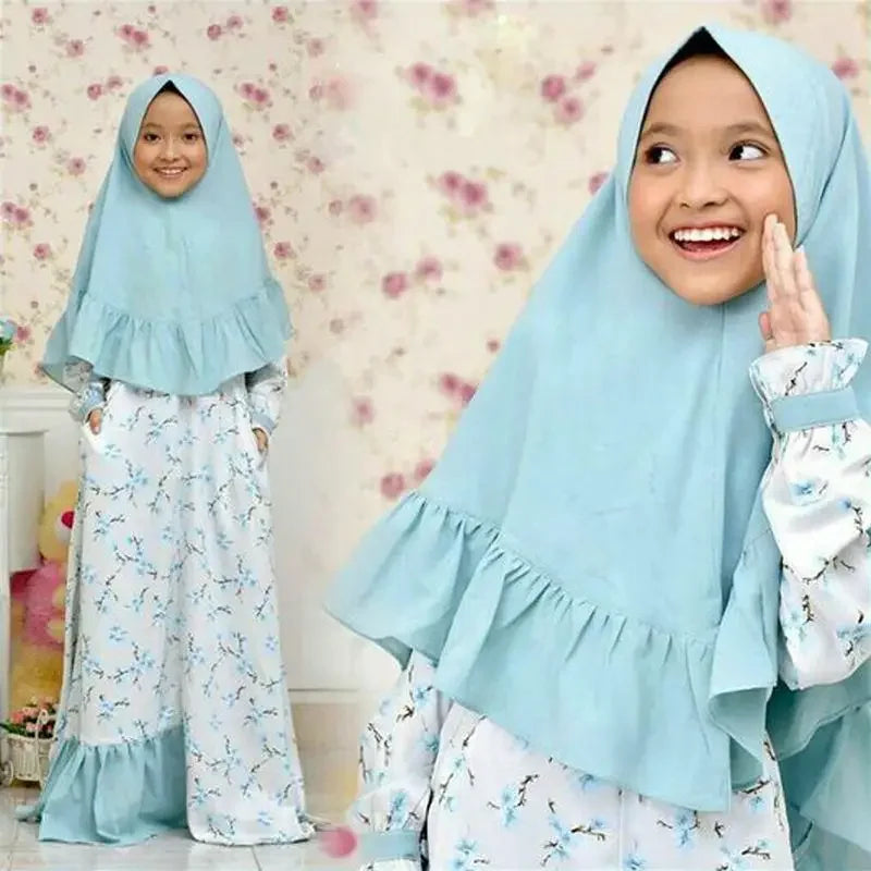 2 Piece New Abaya And Hijab For Kids Girls Muslim Floral Prayer Dress Headscarf Islamic Children Eid Party Robe Dubai Khimar Set