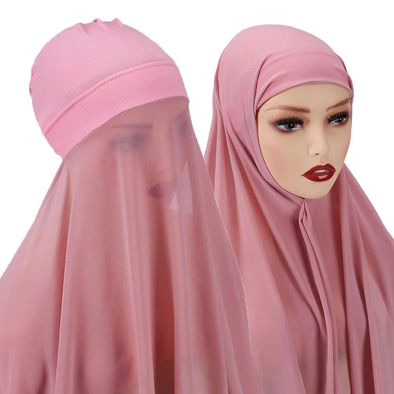 Muslim Women Bonnet + Chiffon Shawl Instant Under scarf Cap Islam Inner Scarf Headband Stretch Hijab Cover Headwrap Turbante