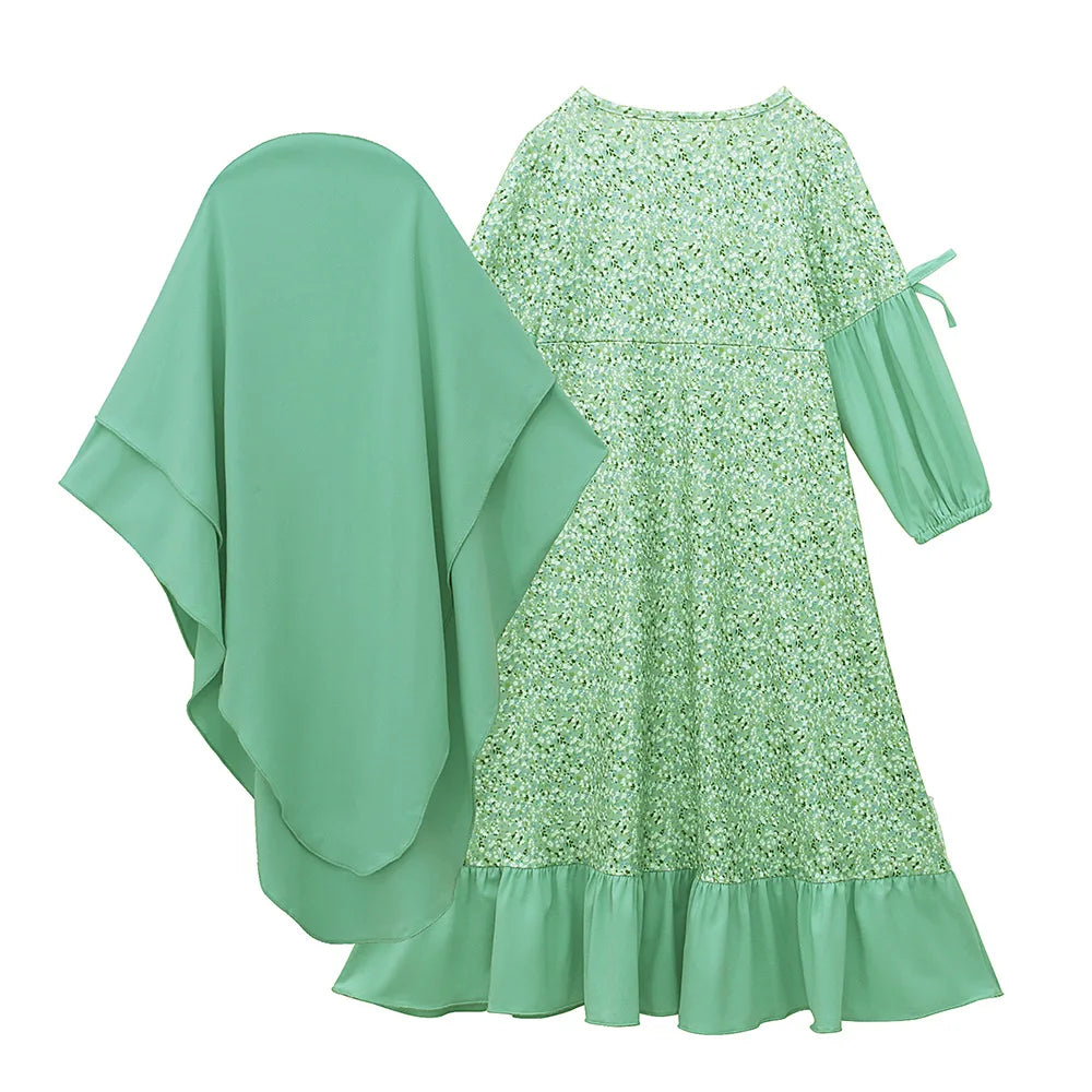 2PCS Eid Djellaba Hooded Abaya Hijab Khimar Jalabiya Muslim Kid Girl Ramadan Overhead Kaftan Islam Clothing Child Prayer Garment