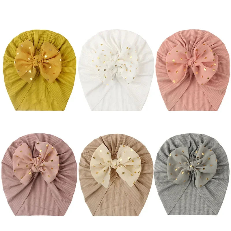 Shiny Sequin Baby Turban Cap 3D Bow Infant Indian Hat Solid Color Newborn Elastic Beanies Girls Kids Bandana Headband Headwear