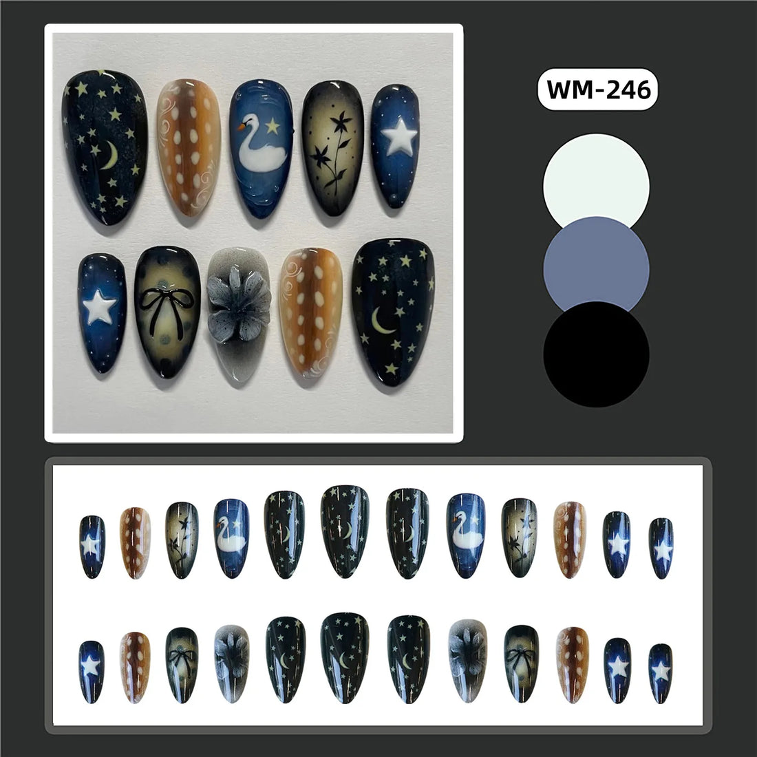 24pcs Gradient Black False Nails Yellow Star Moon Swan Pattern Press On Nails Sweet Cool Bowknots Flower Fake Nail Y2k Manicure