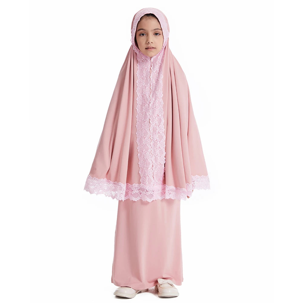 2Pcs Muslim Kids Girl Lace Eid Hooded Hijab Abaya Robe Khimar Tops Skirt Suit Islam Prayer Garment Dress Kaftan Ramadan Clothing