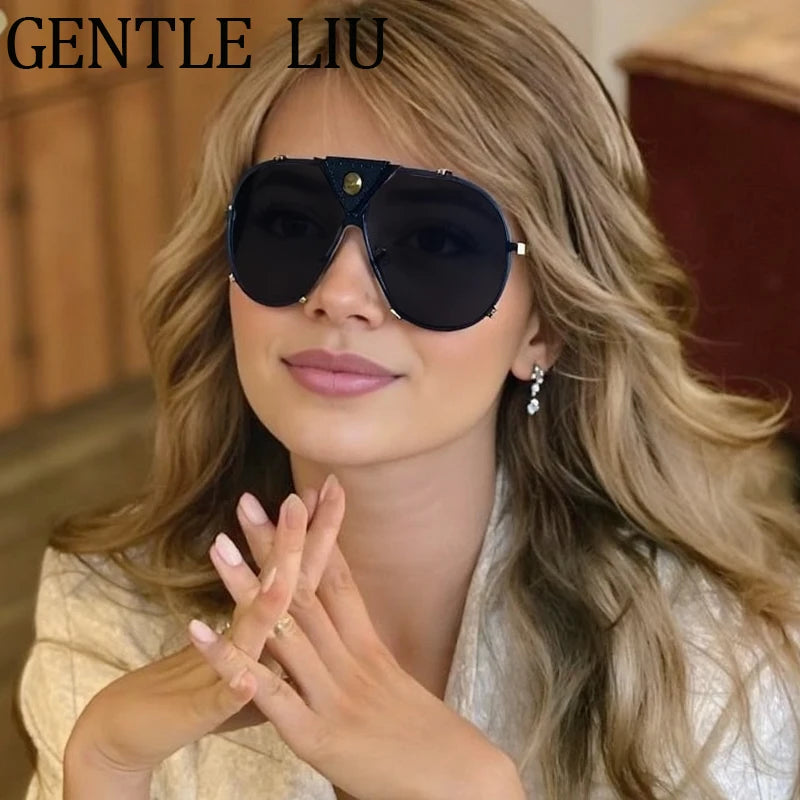 Steampunk Oversized Vintage Pilot Sunglasses Women 2025 Luxury Brand Oval Shield Eyewear Trendy Goggle Shades Driving Sunglass