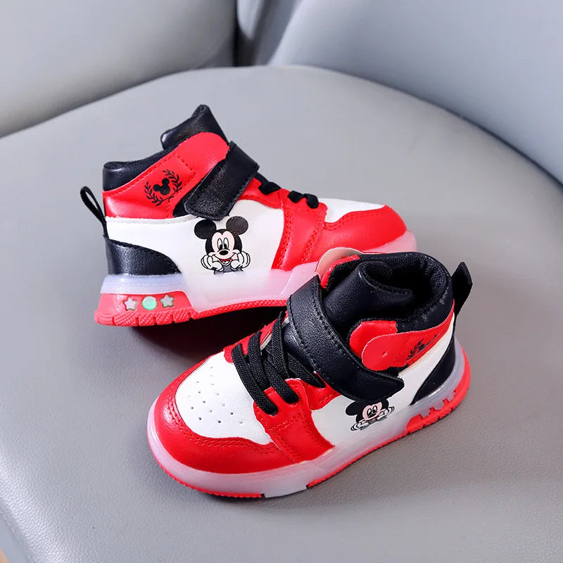 Disney Girls' Causla Shoes PU Leather Mickey Mouse LED Luminescent Children's Sneaker 1-6 Year Old Boys' Sports Casual Shoes