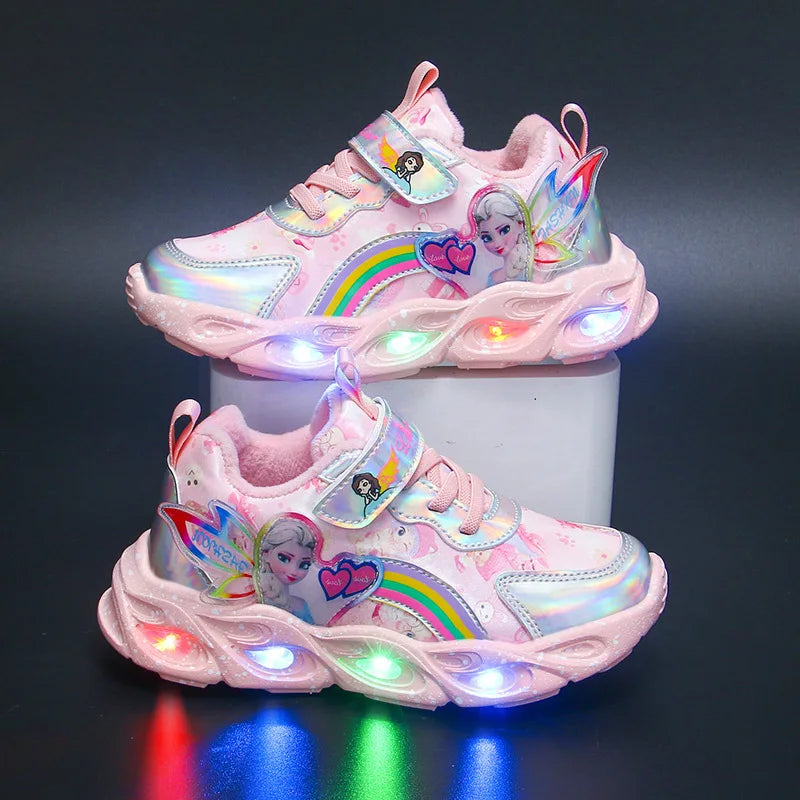 Disney Girls' Shoes Led Lights Autumn Mesh Breathable Shoes Frozen Leather Girls' Sports Purple Pink Princess Elsa Shoes 23-36