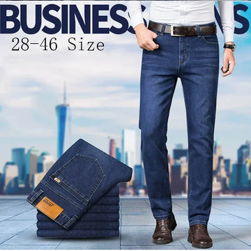 Large Size 40 42 44 46 2025 New Business Casual Stretch Trousers Classic Blue Denim Pants Male Men's Loose Straight Jeans