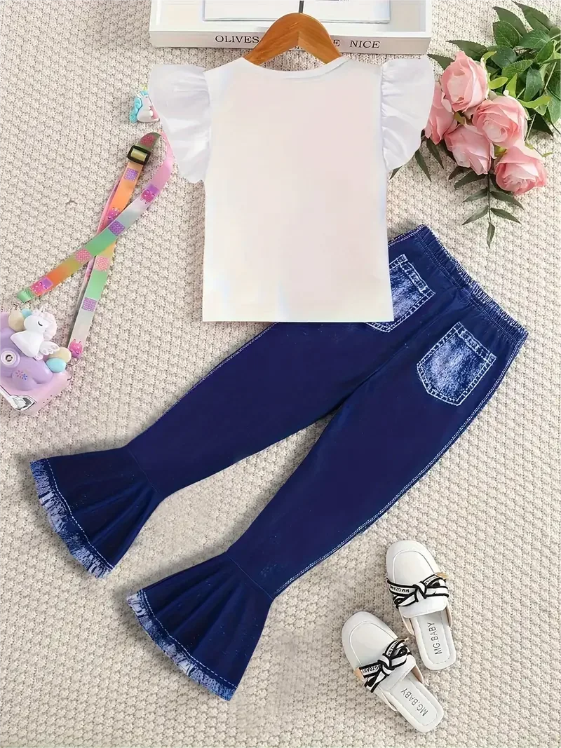 Summer girls fashion trend set, 2-piece peplum cartoon unicorn T-shirt and faux denim print bell bottoms