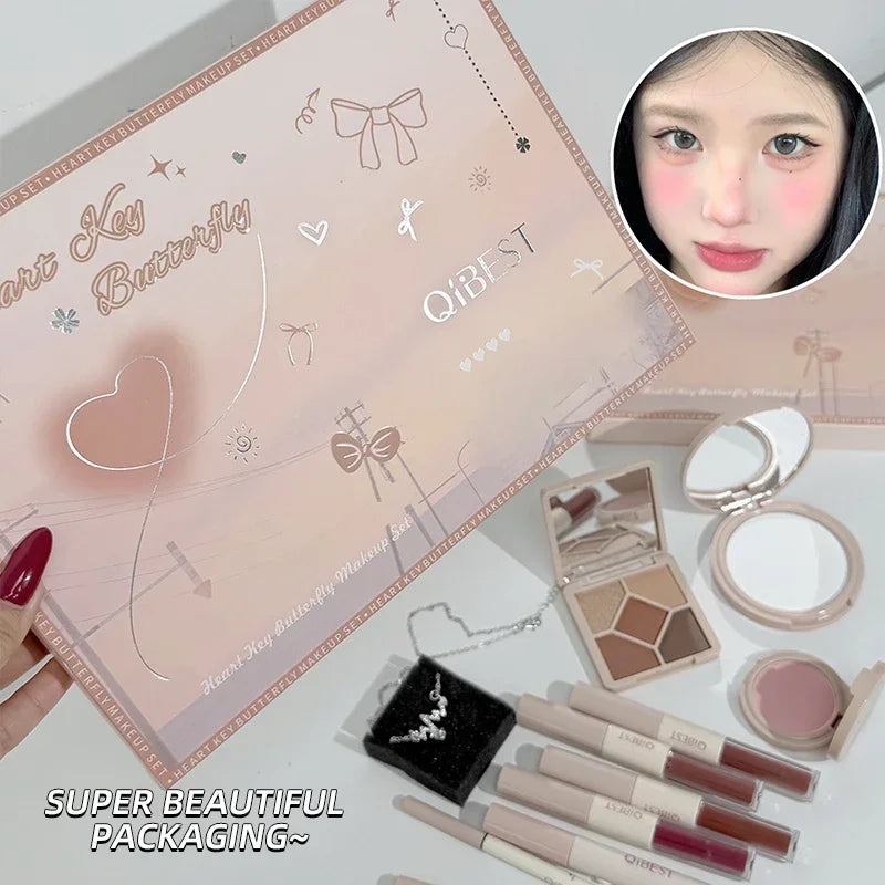 Makeup Gift Box Butterfly Bow Heart Limited Lipstick Powder Blush Eyeshadow Makeup Gift Box Set and Necklace Gifts for Women