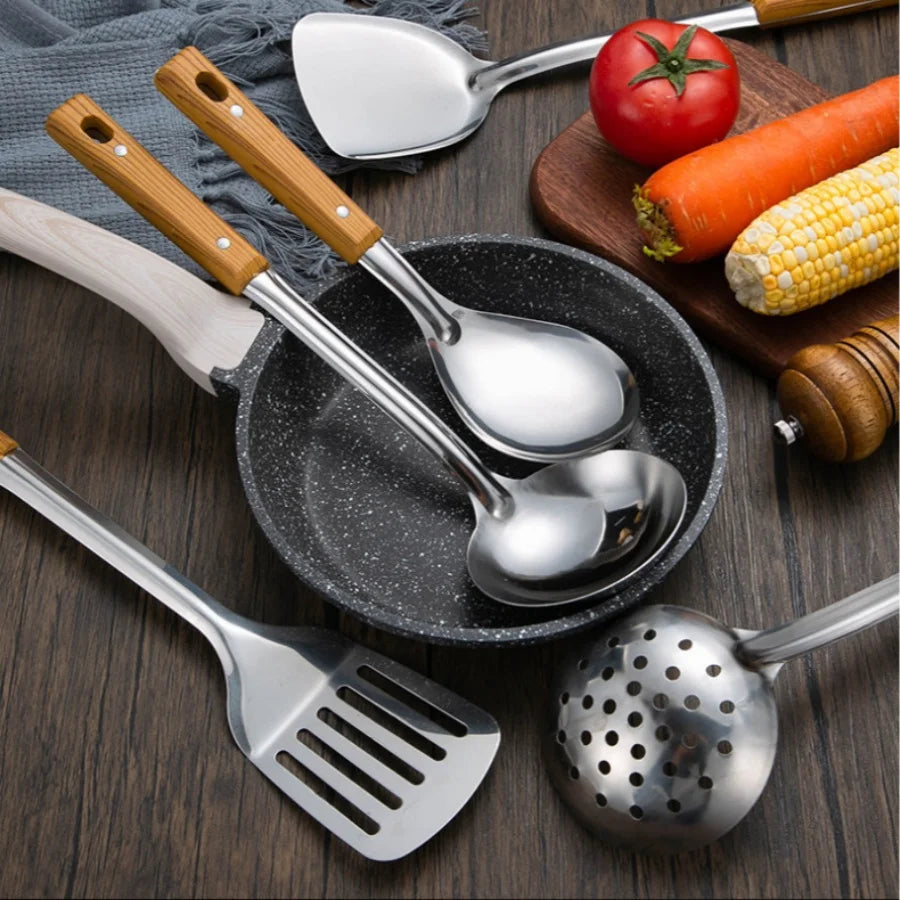 Stainless Steel Scalding Handle Spatula Spoon Colander Imitation Wood Grain Kitchenware Set Kitchen Cooking Spatula Thickened