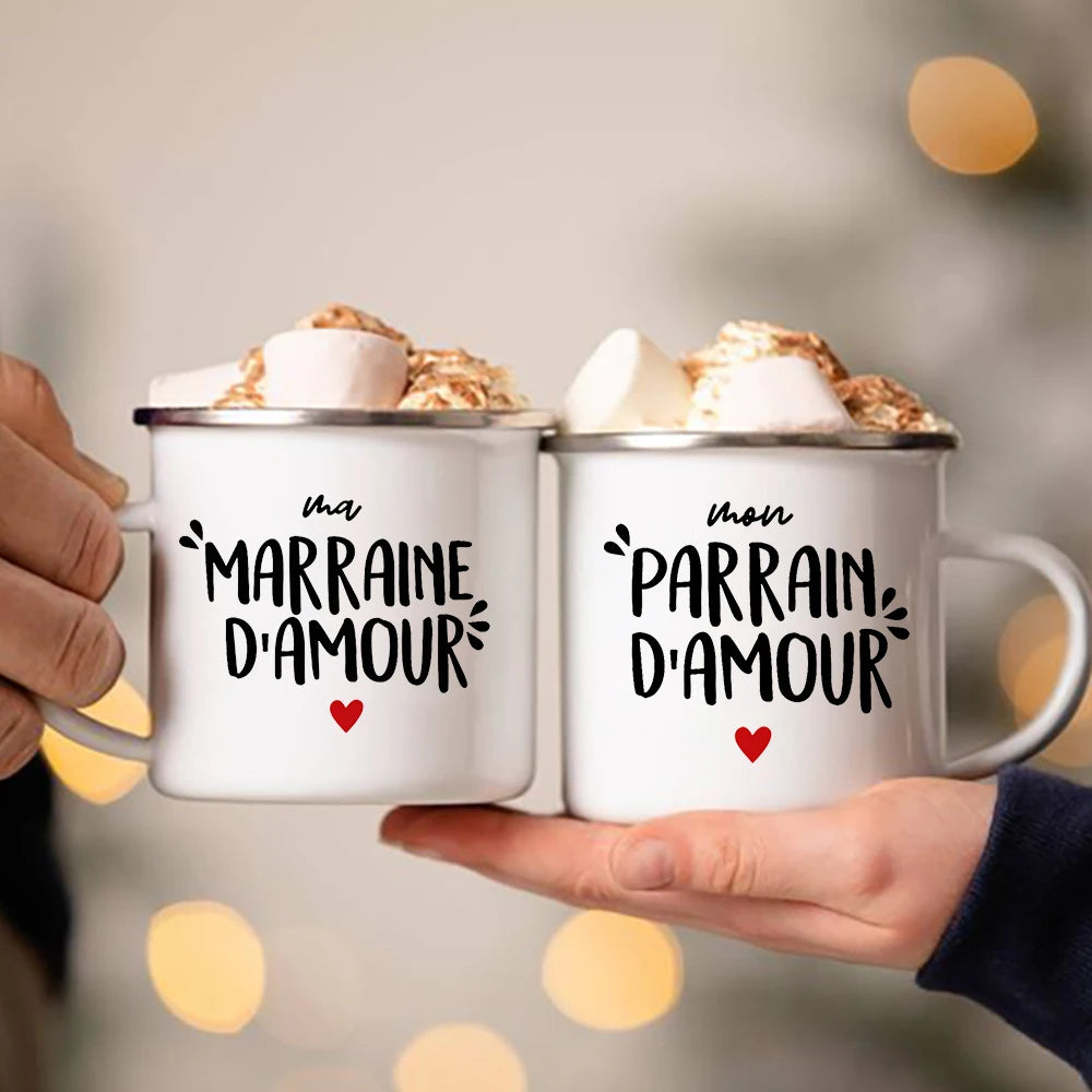 Best Godfather & Godmother In The World French Print Enamel Mugs Brother Sister Friends Gifts Drink Milk Coffee Cup Camping Mug